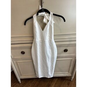 Nookie White Halter Vneck Midi Dress Zip Close XS Bridal Fitted Wedding Shower